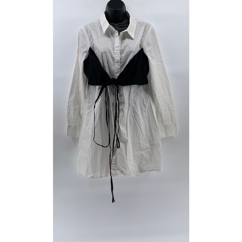 BLASHE Women’s White-Black Tie-Front Button-Up Long Sleeve Shirt Dress SZ L